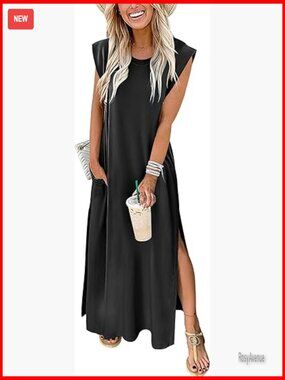 Maxi Sundress Casual Cap Sleeve Crew Neck Loose Split Beach Travel